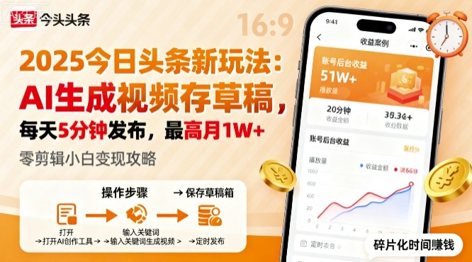 2025年今日头条躺賺新玩法，AI生成视频存草稿，每天5分钟发布，最高月1W+【揭秘】-副业网