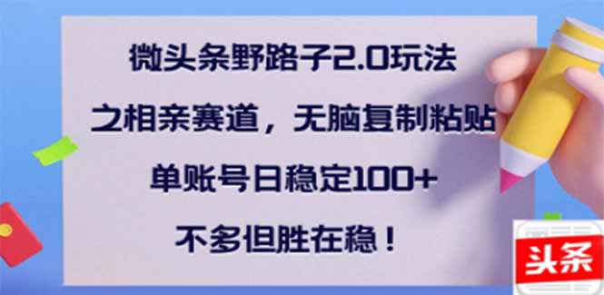 微头条野路子2.0玩法之相亲赛道，无脑搬砖复制粘贴，单账号日稳定300+…-副业网