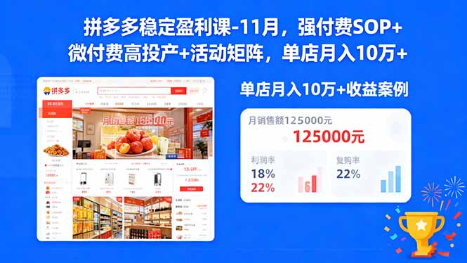 拼多多稳定盈利课-11月，强付费SOP+微付费高投产+活动矩阵，单店月入10万+-副业网