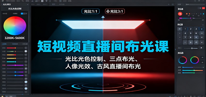 短视频直播间布光课：光比光色控制、三点布光、人像光效、古风直播间布光-副业网