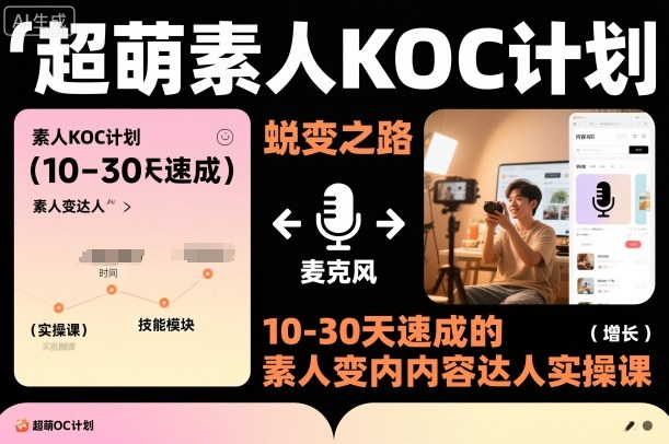 超萌素人KOC计划，10-30天速成的素人变内容达人实操课，适合想做短剧小说推文电商推广的素人入局-副业网