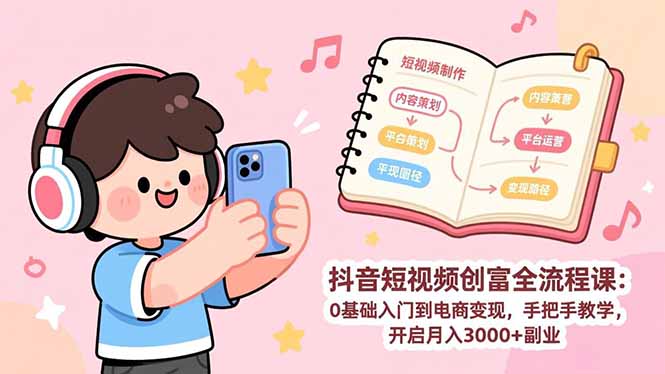 抖音短视频创富全流程课：0基础入门到电商变现，手把手教学，开启月入3000+副业-副业网