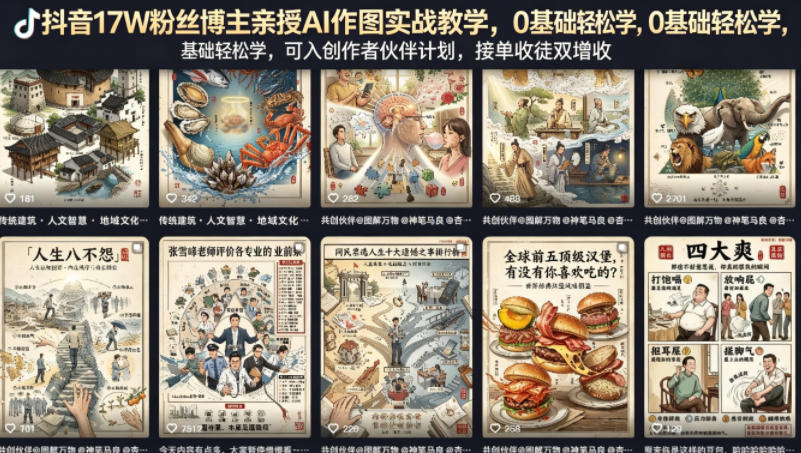 抖音17W粉丝博主亲授AI作图实战教学，0基础轻松学，可入创作者伙伴计划，接单收徒双增收-副业网
