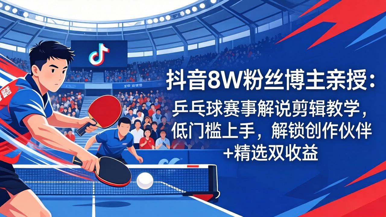 抖音8W粉丝博主亲授：乒乓球赛事解说剪辑教学，低门槛上手，解锁创作伙伴+精选双收益-副业网