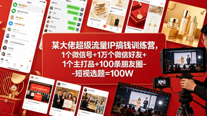 某大佬超级流量IP搞钱训练营，1个微信号+1万个微信好友+1个主打品+100条朋友圈-短视选题=100W-副业网